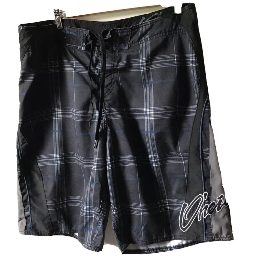 ONEILL Board-shorts Gray Blue Plaid Swim‎ Suit Trunks Beach Size 36 10.5 inseam